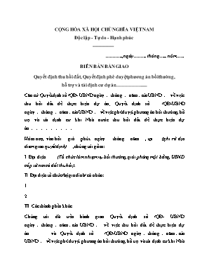 Biên bản bàn giao Quyết định thu hồi đất, Quyết định phê duyệt phương án bồi thường, hỗ trợ và tái định cư dự án