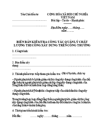 Biên bản kiểm tra công tác quản lý chất lượng thi công xây dựng trên công trường