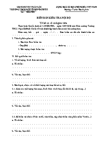 Biên bản kiểm tra nội bộ về hồ sơ, sổ sách giáo viên THCS Nguyễn Đình Chiểu