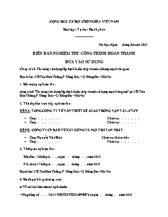 Biên bản nghiệm thu công trình đưa vào sử dụng thi công xây dựng lắp đặt kết cấu thép và một số hạng mục liên quan