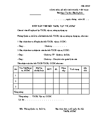 Biên bản thu hồi TSCĐ, vật tư, CCDC