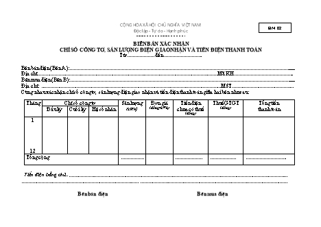 Biên bản xác nhận chỉ số công tơ, sản lượng điện giao nhận và tiền điện thanh toán