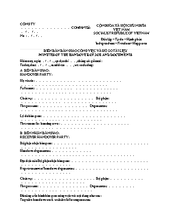 Mẫu biên bản bàn giao công việc và hồ sơ tài liệu song ngữ Việt Anh