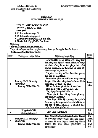 Mẫu biên bản họp chi đoàn Tháng 02, 03 trường TH Lê Văn Thọ