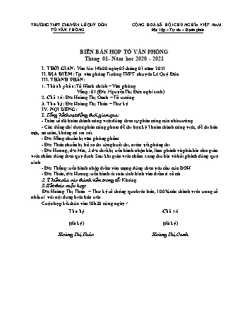 Mẫu Biên bản họp tổ Văn phòng Tháng 1 năm 2021 lần 1 - Trường THPT chuyên Lê Quý Đôn
