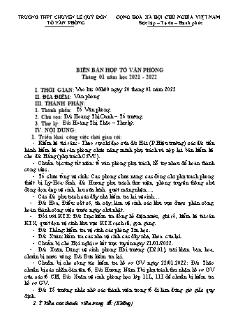Mẫu Biên bản họp tổ Văn phòng Tháng 1 năm 2022 - Trường THPT chuyên Lê Quý Đôn