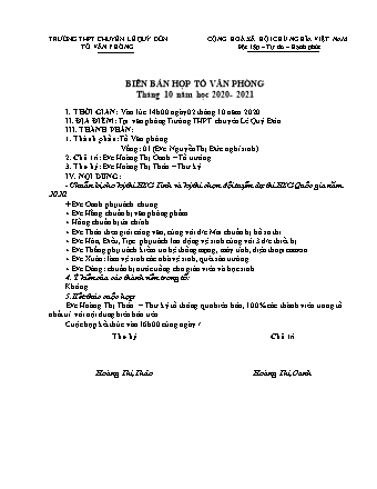 Mẫu Biên bản họp tổ Văn phòng Tháng 10 năm 2020 - Trường THPT chuyên Lê Quý Đôn