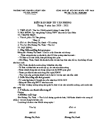 Mẫu Biên bản họp tổ Văn phòng Tháng 9 năm 2020 - Trường THPT chuyên Lê Quý Đôn