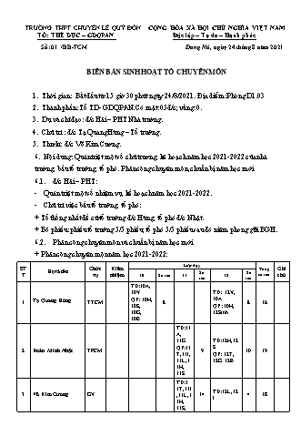 Mẫu biên bản sinh hoạt tổ chuyên môn Thể dục Ngày 24-8-2021 - Trường THPT chuyên Lê Quý Đôn