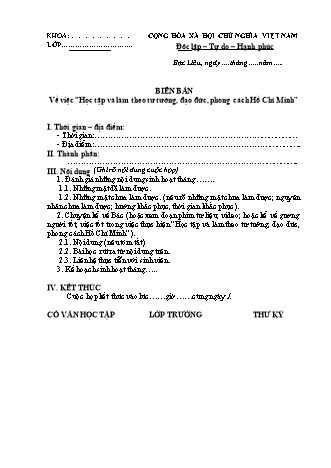 Mẫu biên bản Về việc “Học tập và làm theo tư tưởng, đạo đức, phong cách Hồ Chí Minh”