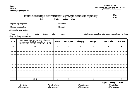 Phiếu giao nhận nguyên liệu, vật liệu, công cụ, dụng cụ