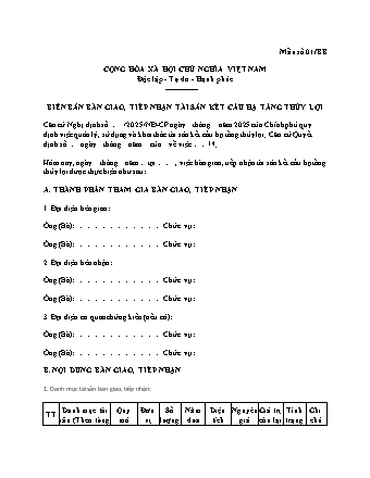 Biên bản Bàn giao, Tiếp nhận Tài sản Kết cấu Hạ tầng Thủy lợi - Nghị định 08/2025/NĐ-CP