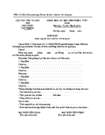 Biên bản Giao nộp tài liệu vào lưu trữ cơ quan - Quyết định 281/QĐ-VTLTNN