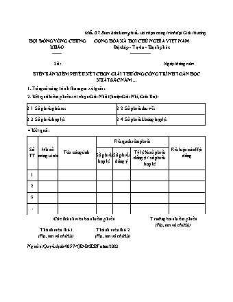 Biên bản Kiểm phiếu Xét chọn Công trình đạt Giải thưởng - Quyết định 4657/QĐ-BGDĐT