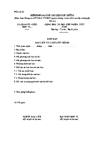 Biên bản Sao Lưu Tài liệu Lưu trữ số - Thông tư 05/2025/TT-BNV