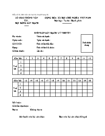 Biên bản sát hạch lý thuyết hạng B1 - Thông tư 35/2024/TT-BGTVT