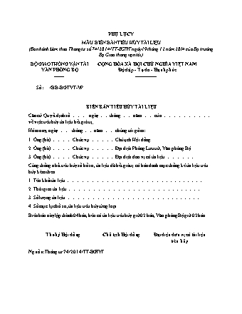 Biên bản tiêu hủy tài liệu Giao Thông Vận Tải - Thông tư 74/2014/TT-BGTVT