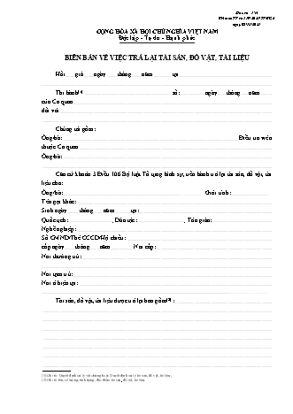 Biên bản về việc trả lại tài sản, đồ vật, tài liệu - Thông tư 119/2021/TT-BCA