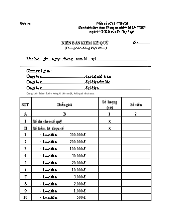 Biên bản kiểm kê quỹ (đồng Việt Nam) - Mẫu số C18-THADS - Thông tư 04-2023-TT-BTP