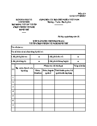 Biên bản kiểm phiếu đánh giá tuyển chọn nhiệm vụ nghị định thư - Thông tư 10-2019-TT-BKHCN
