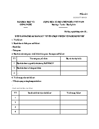 Biên bản mở hồ sơ đăng ký tuyển chọn nhiệm vụ nghị định thư - Thông tư 10-2019-TT-BKHCN