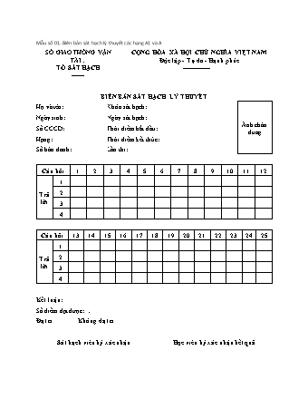 Biên bản sát hạch lý thuyết (hạng A1 và A) - Thông tư 35-2024-TT-BGTVT