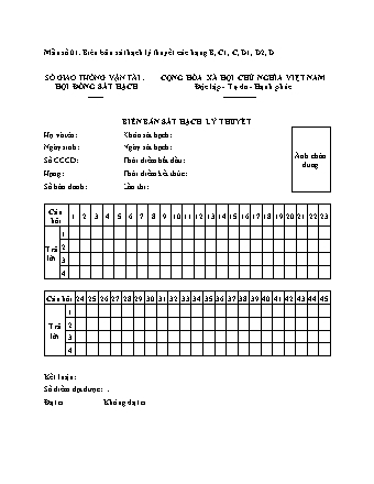 Biên bản Sát hạch lý thuyết (hạng B, C1, C, D1, D2, D) - Thông tư 35-2024-TT-BGTVT