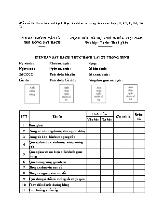 Biên bản sát hạch thực hành lái xe trong hình (hạng B, C1, C, D1, D2, D) - Thông tư 35-2024-TT-BGTVT
