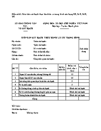 Biên bản sát hạch thực hành lái xe trong hình (hạng BE, D1E, D2E, DE) - Thông tư 35-2024-TT-BGTVT