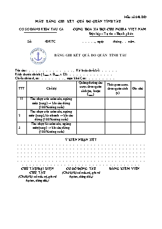 Mẫu bảng ghi kết quả đo quán tính tàu - Mẫu số 04k.BĐ. - Thông tư số 02-2026-TT-BNNMT