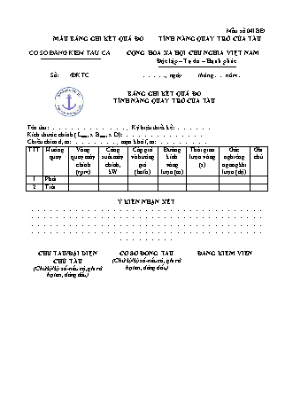 Mẫu bảng ghi kết quả đo tính năng quay trở của tàu - Mẫu số 04l.BĐ. - Thông tư số 02-2026-TT-BNNMT