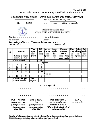 Mẫu biên bản kiểm tra chạy thử máy chính tại bến (tàu cá) - Mẫu số 04g.BĐ. - Thông tư số 02-2026-TT-BNNMT