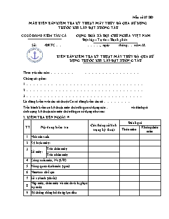Mẫu biên bản kiểm tra máy thủy cũ trước khi lắp đặt lên tàu cá - Mẫu số 07.BĐ. - Thông tư số 02-2026-TT-BNNMT