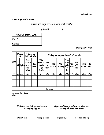 Bảng kê nộp ngân sách nhà nước - Quyết định 899-QĐ-KBNN