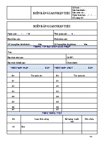 Biên bản giao nhận tiệc