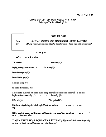Đơn đề nghị cấp lại chứng chỉ hành nghề quản tài viên (dùng cho trường hợp đã bị thu hồi chứng chỉ hành nghề quản tài viên) - Mẫu TP-QTV-04 - Nghị định 65-2026-NĐ-CP