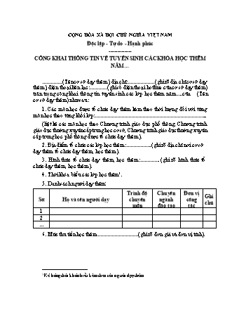 Mẫu công khai thông tin tuyển sinh các khóa học thêm - Thông tư số 19-2026-TT-BGDĐT